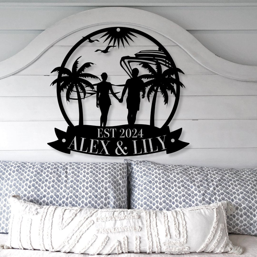 Cruise Lover Gifts and Decor Collection - A Metal Sign featuring a couple and a cruise ship hangs on a bedroom wall above the bed