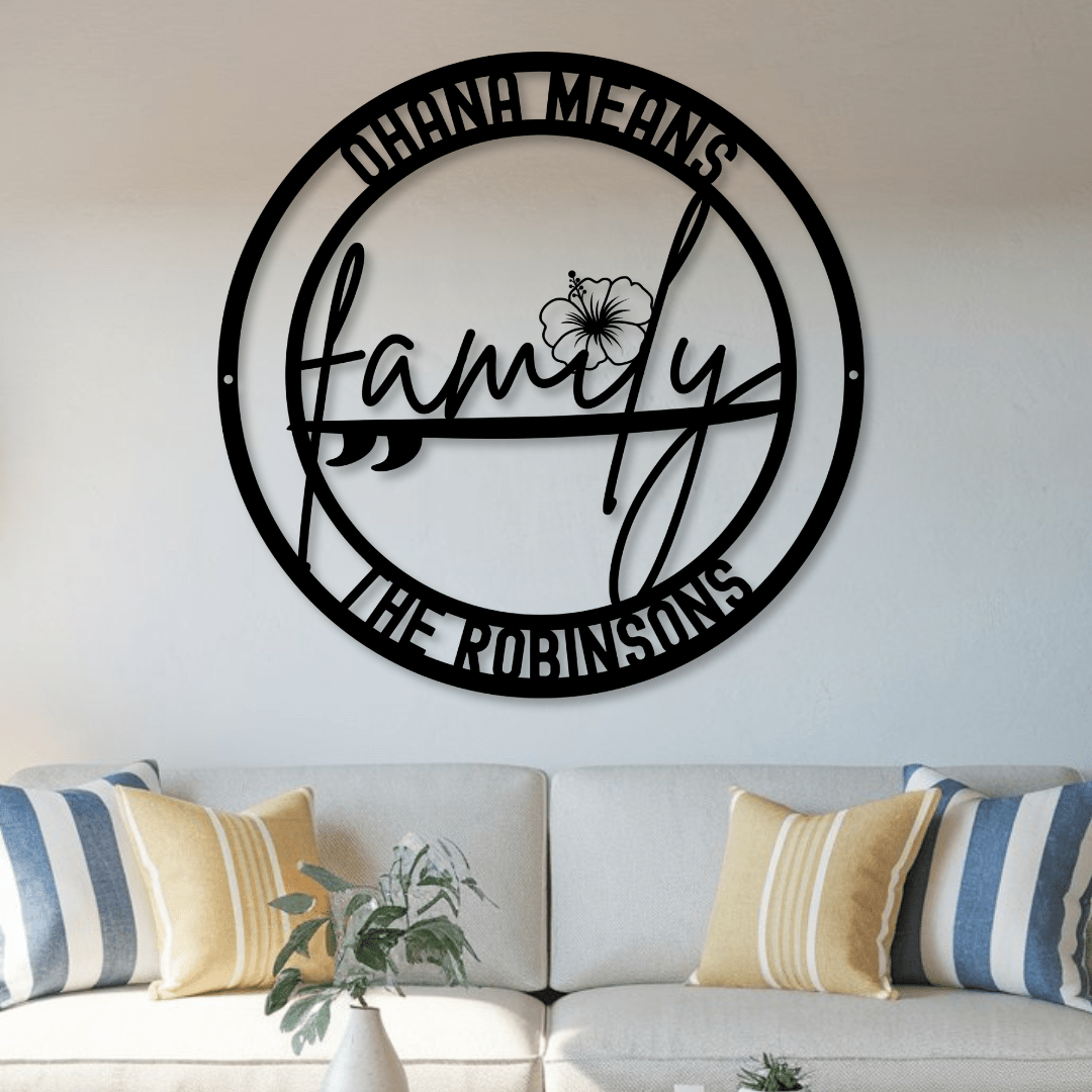 Personalized Gifts for Mom - An Ohana Family metal sign hanging on a wall