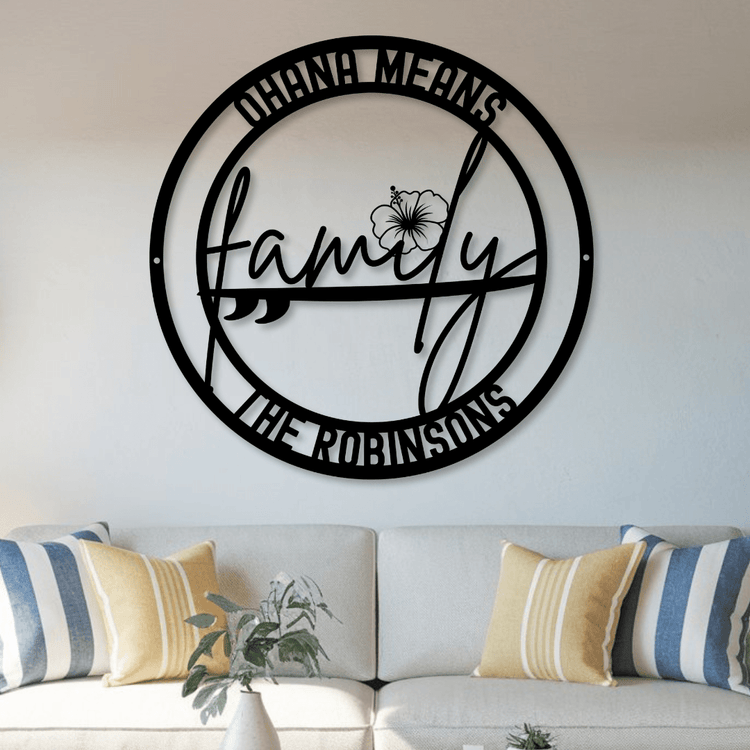 Personalized Gifts for Mom - An Ohana Family metal sign hanging on a wall