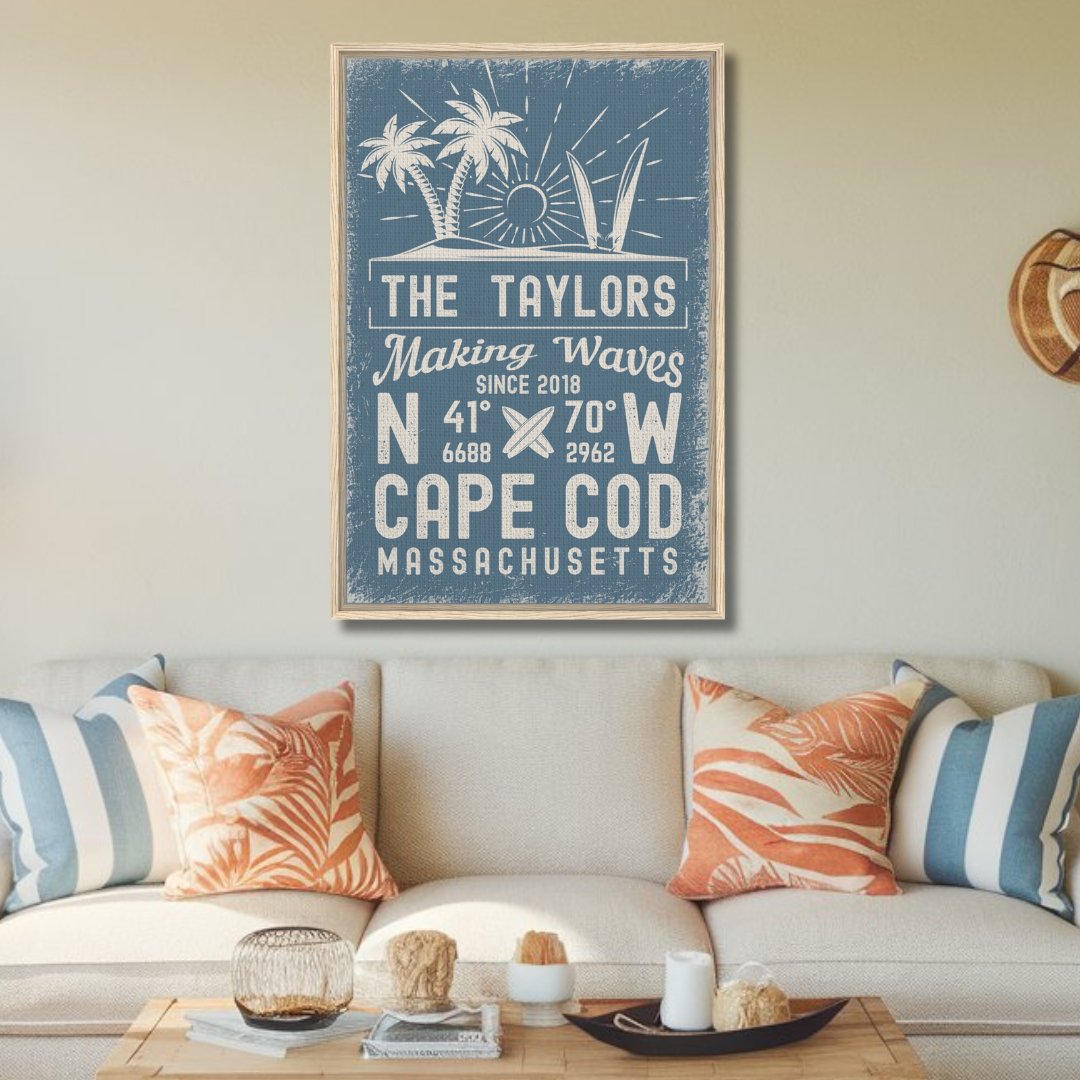 Beach Themed Wall Hangings - A personalized beach inspired canvas hanging on a wall