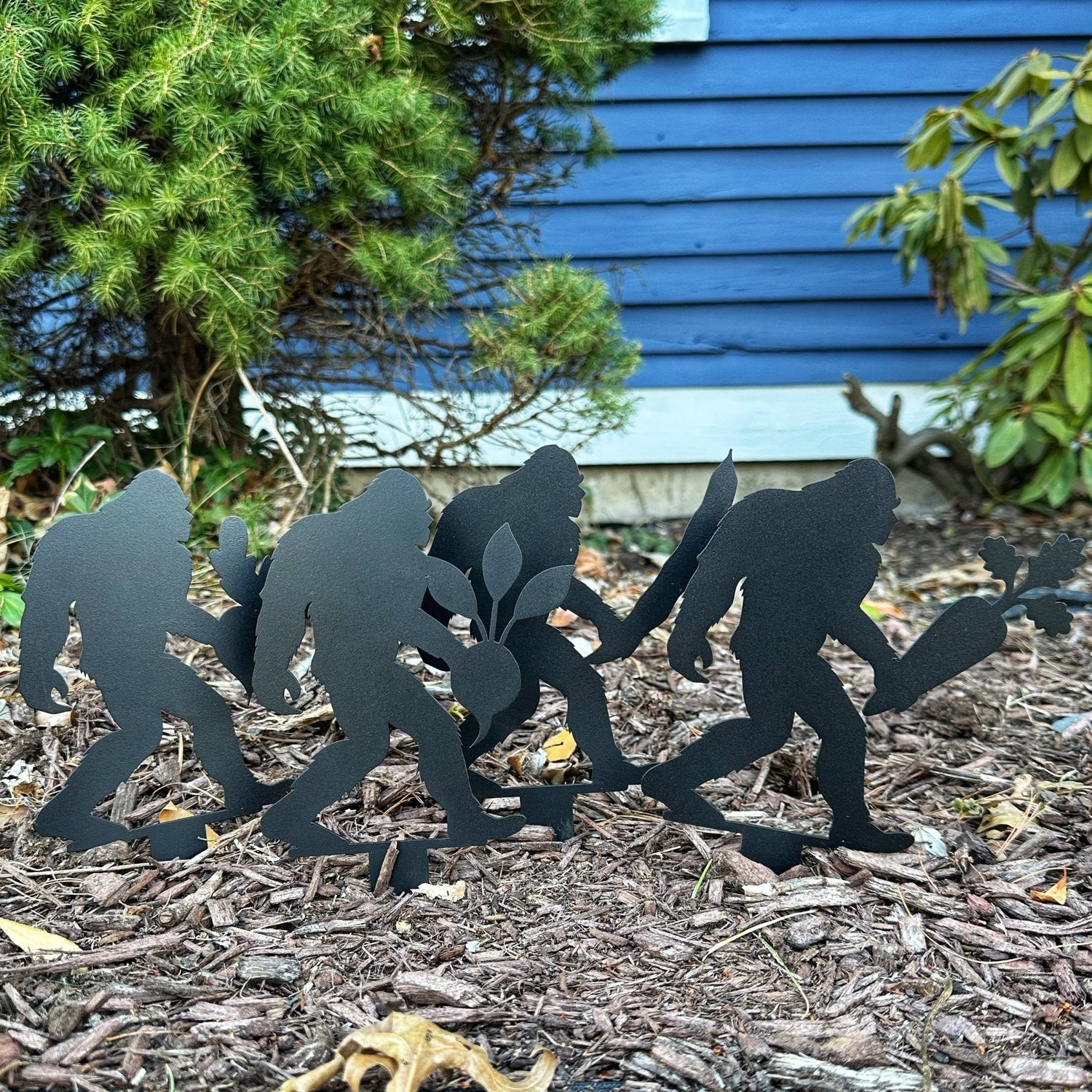 Sasquatch Themed Unique Garden Gifts - Garden Row Markers Shaped like Sasquatches holding vegetables