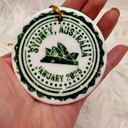 City Icon Passport Stamp Ceramic Ornament with Optional Photo