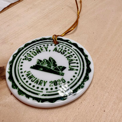 City Icon Passport Stamp Ceramic Ornament with Optional Photo
