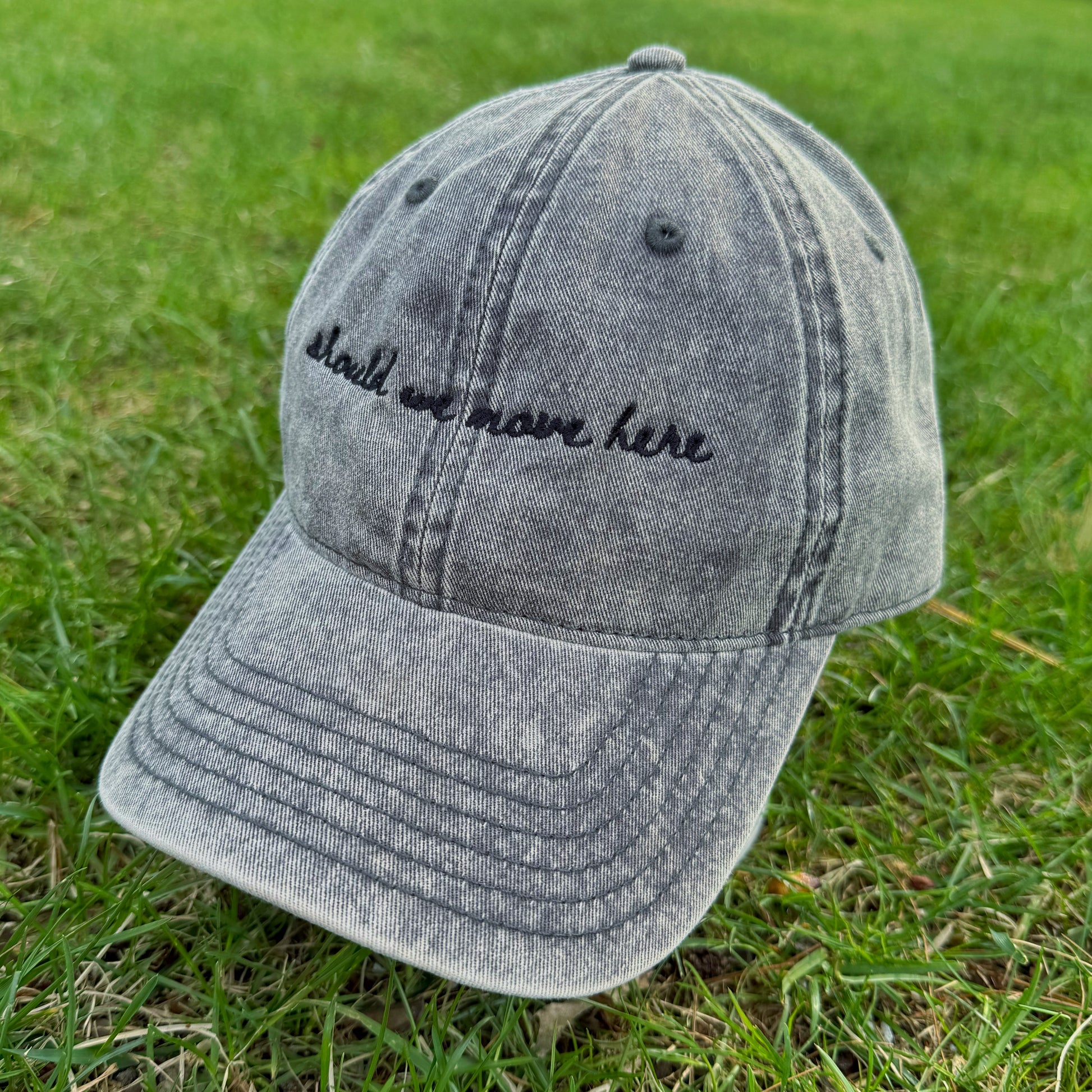 Gray denim travel themed cap with text "should we move here" on grass