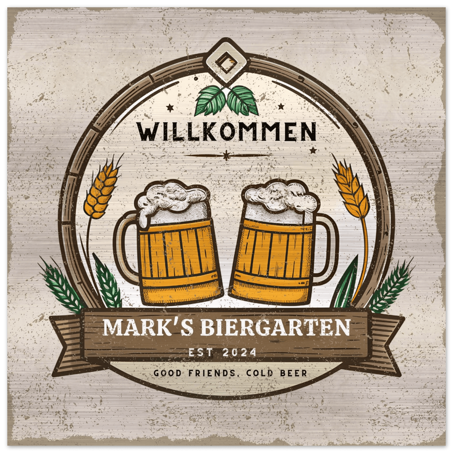 Good Friends, Cold Beer Biergarten Brushed Aluminum Bar Sign - Out of Office Outfitters - Print Material