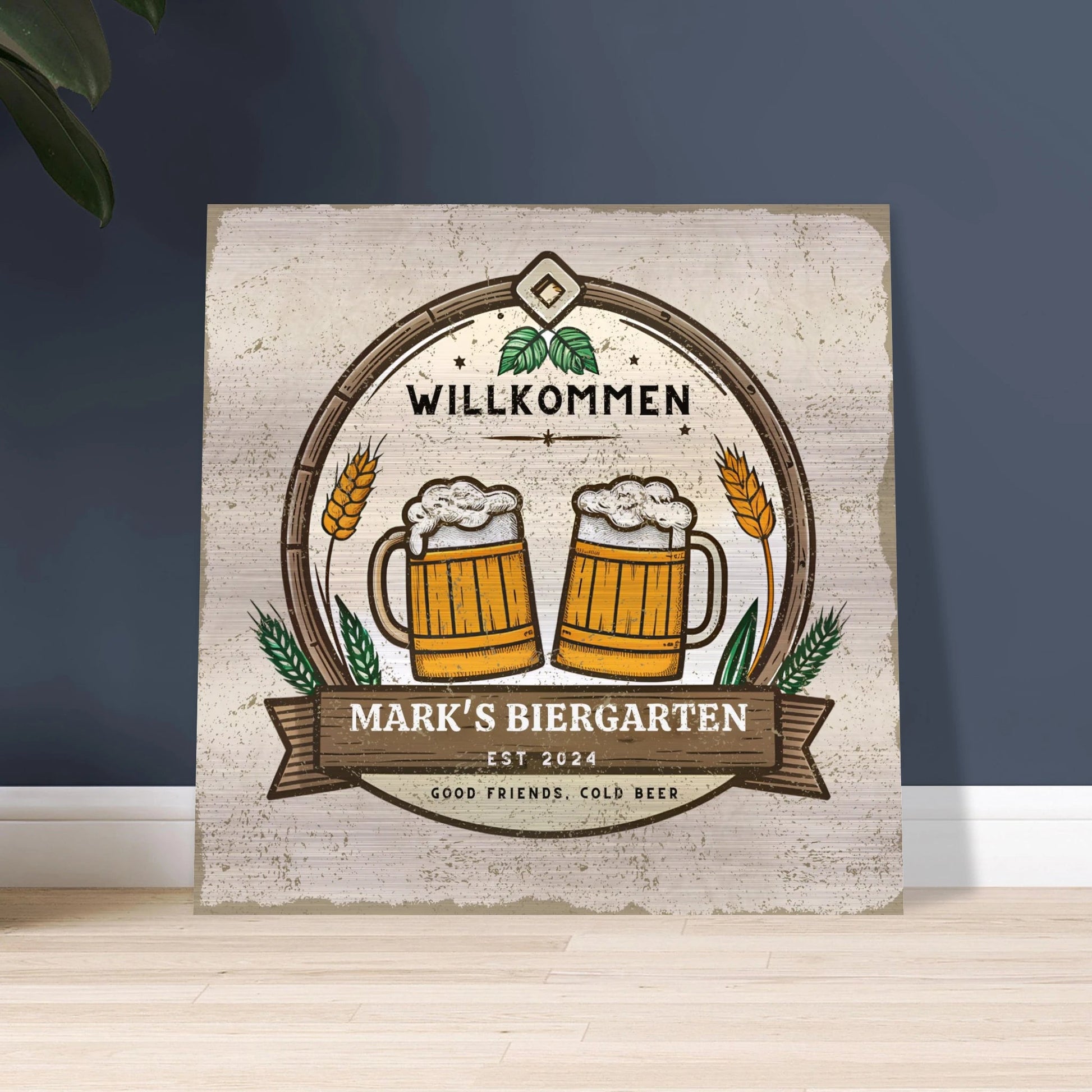 Good Friends, Cold Beer Biergarten Brushed Aluminum Bar Sign - Out of Office Outfitters - Print Material
