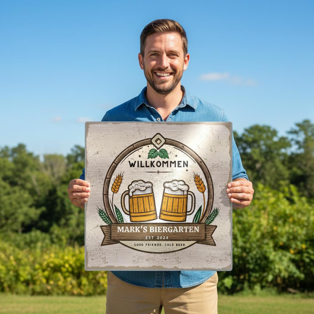 Good Friends, Cold Beer Biergarten Brushed Aluminum Bar Sign - Out of Office Outfitters - Print Material