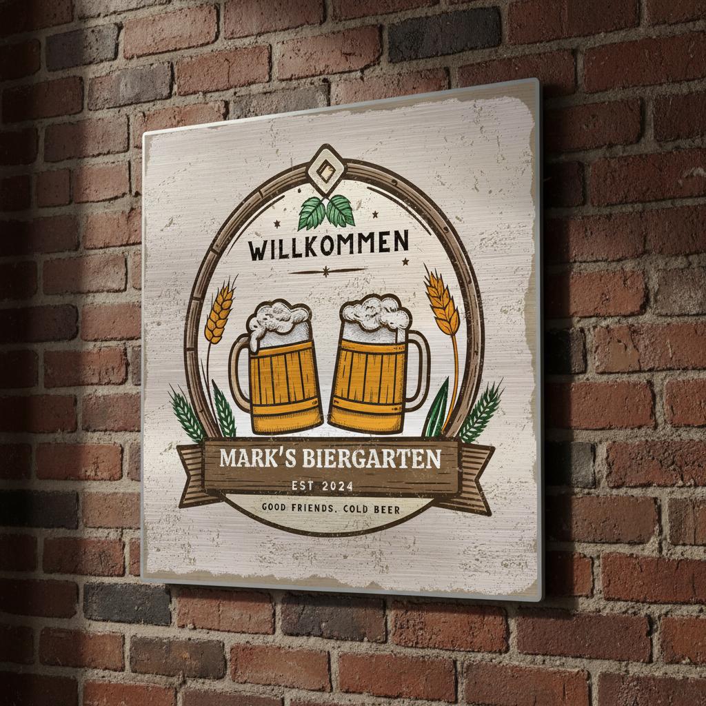 Good Friends, Cold Beer Biergarten Brushed Aluminum Bar Sign - Out of Office Outfitters - Print Material