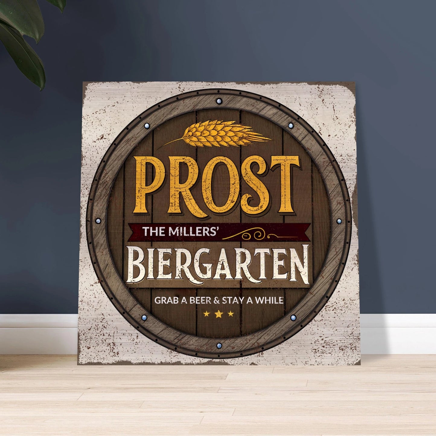 Grab a Beer and Stay a While Biergarten Brushed Aluminum Bar Sign - Out of Office Outfitters - Print Material