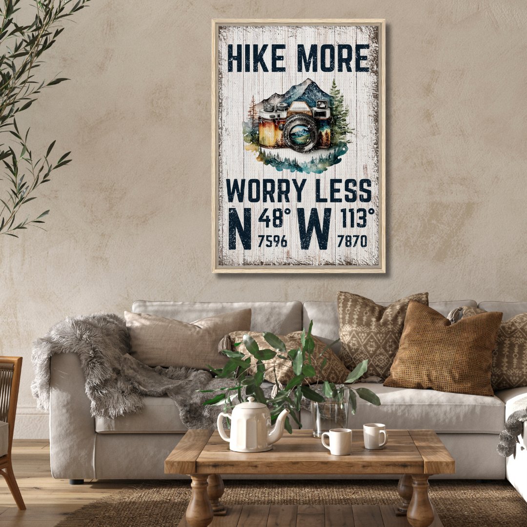 Hike More Worry Less (Wood) Framed Canvas - Out of Office Outfitters - Print Material