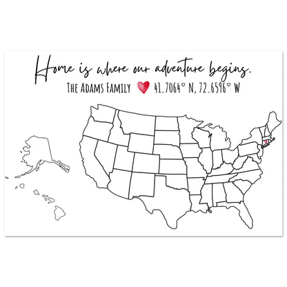 Home Is Where Our Adventure Begins United States Pin Map - Out of Office Outfitters - Print Material