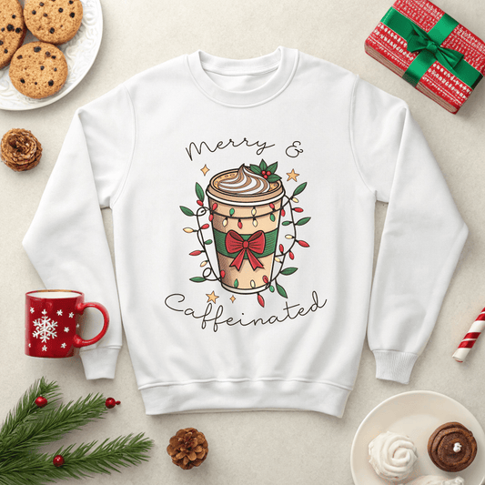 Merry & Caffeinated Christmas Sweatshirt - Out of Office Outfitters - Sweatshirt