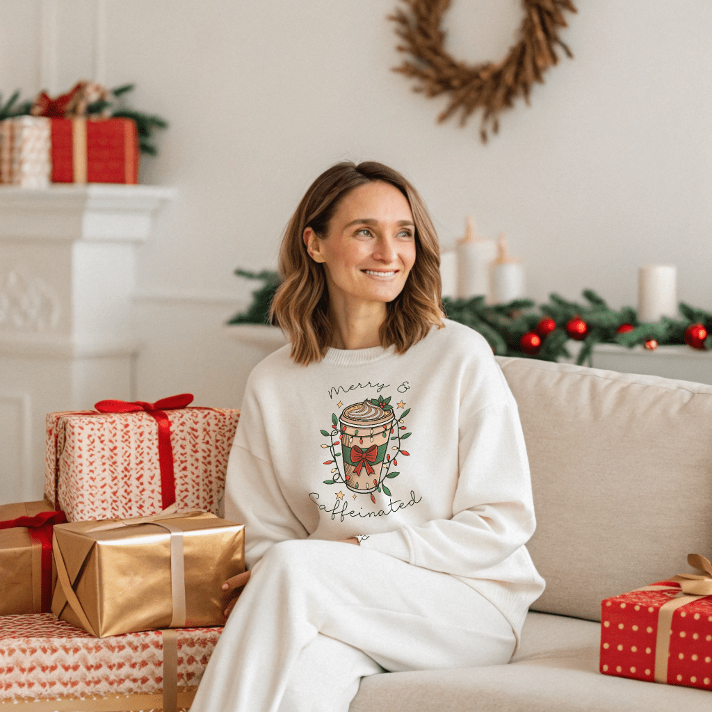 Merry & Caffeinated Christmas Sweatshirt - Out of Office Outfitters - Sweatshirt