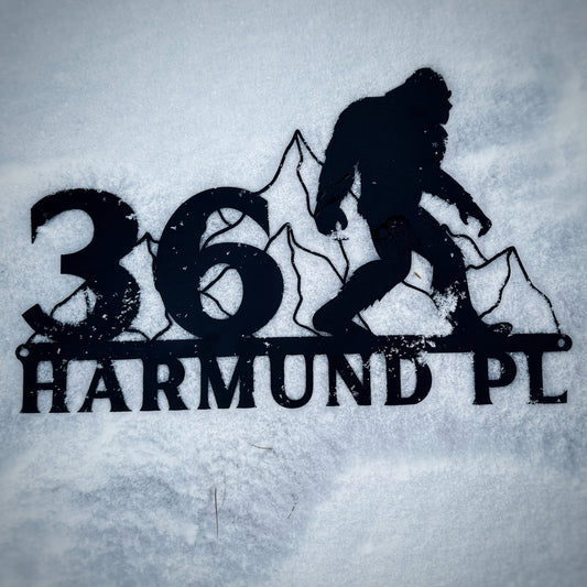 Sasquatch on the Loose Custom Metal Address Sign - Out of Office Outfitters - Die - Cut Sign