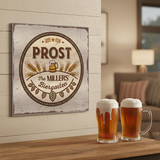 Stein and Wheat Biergarten Brushed Aluminum Bar Sign - Out of Office Outfitters - Print Material