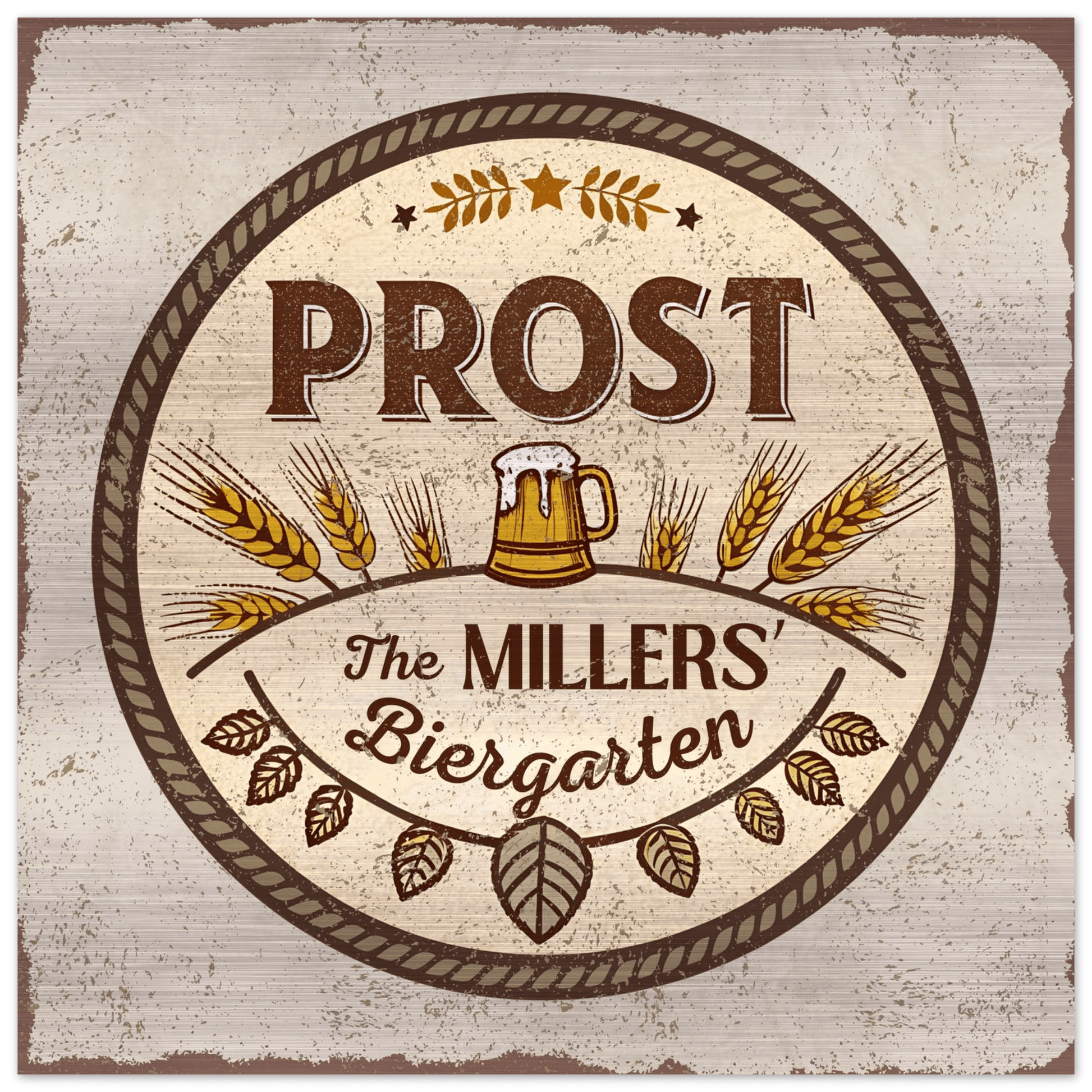 Stein and Wheat Biergarten Brushed Aluminum Bar Sign - Out of Office Outfitters - Print Material