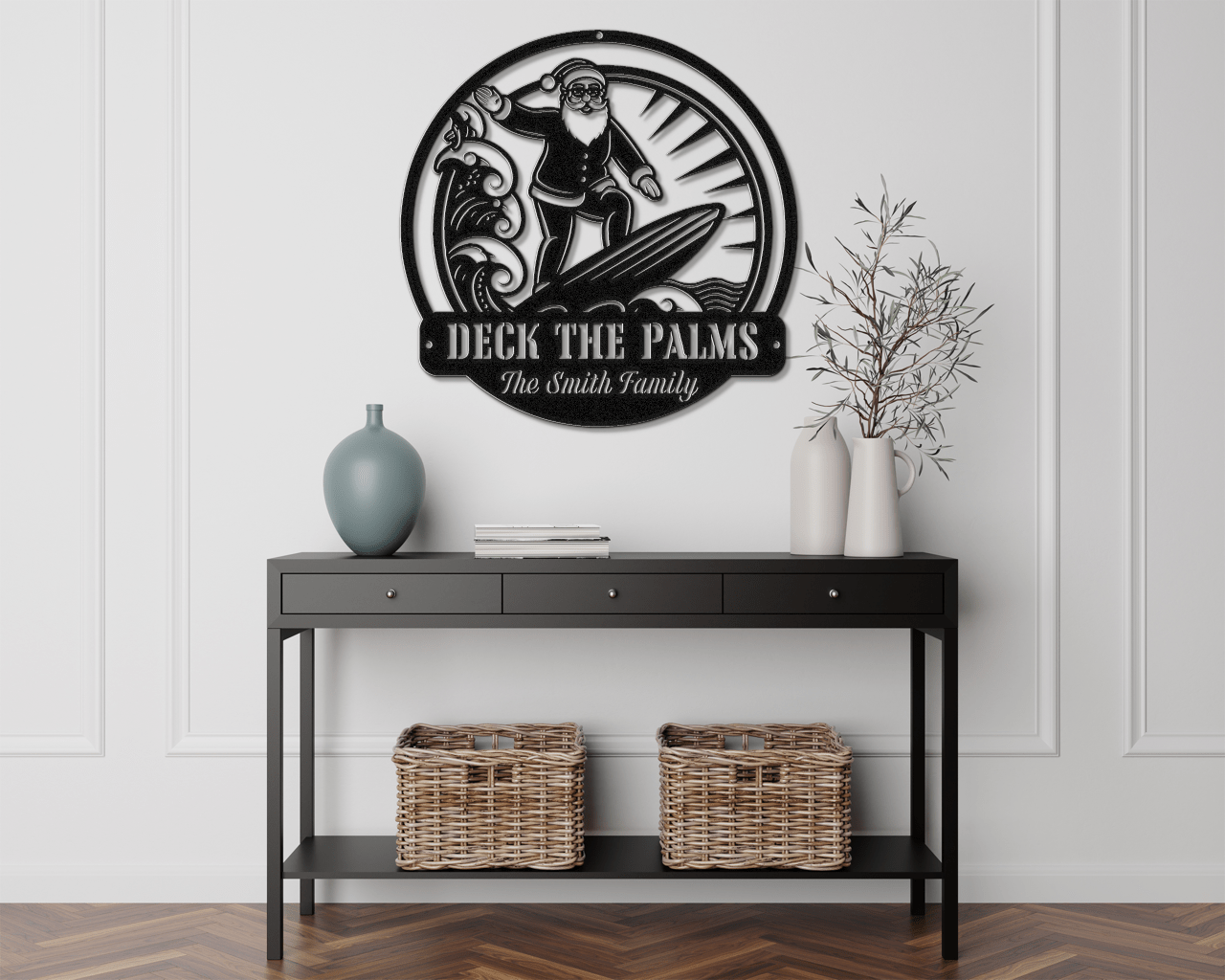 Surfing Santa Christmas Card Display - Out of Office Outfitters - Die - Cut Sign