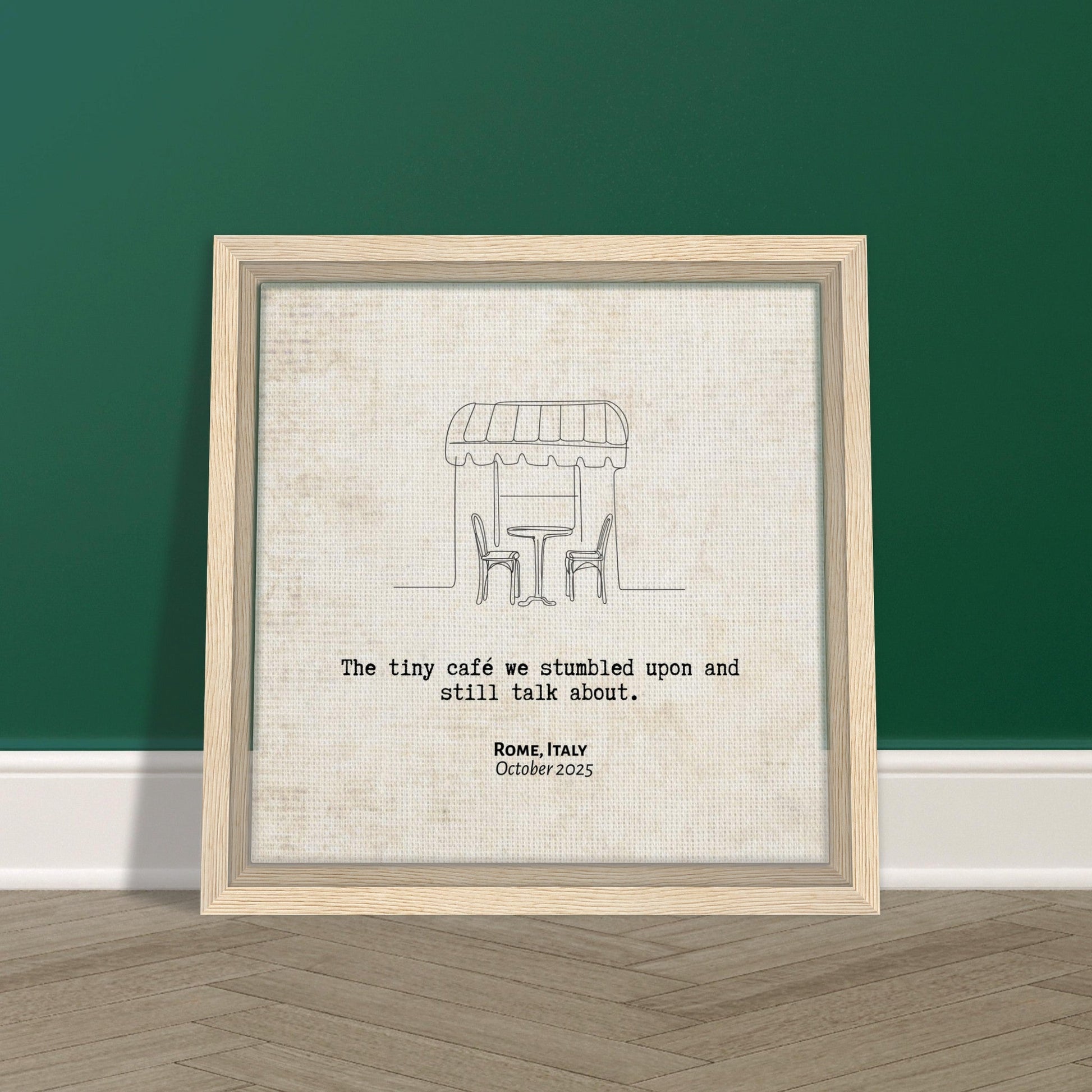 "The Cafe We Still Talk About" - Personalized Travel Micro Memory Framed Canvas - Out of Office Outfitters - Print Material